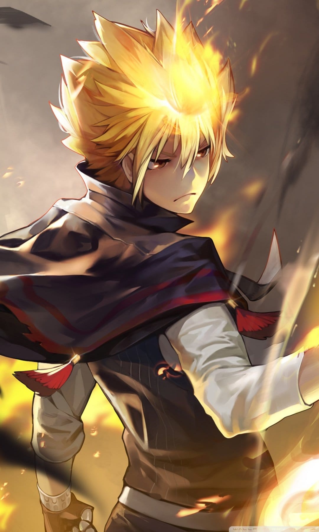 Tsunayoshi Sawada with flaming orange hair and red eyes wearing a black cape against a fiery blurred background.