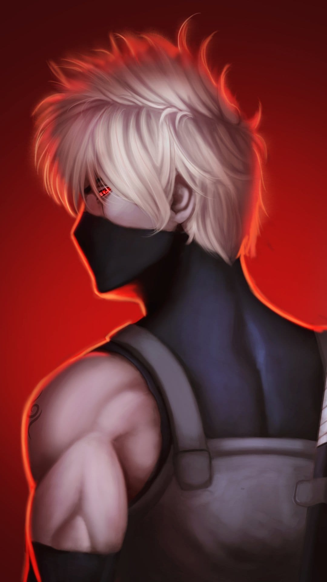 Kakashi Hatake smirks with a visible red Sharingan eye, featuring silver spiky hair and a blue forehead protector.