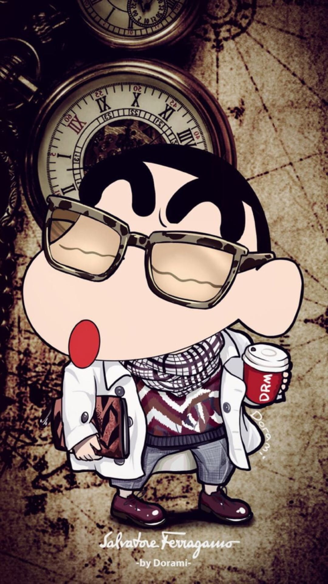 Shin-chan in a trench coat and glasses holds a coffee cup against a background of vintage watches and maps.