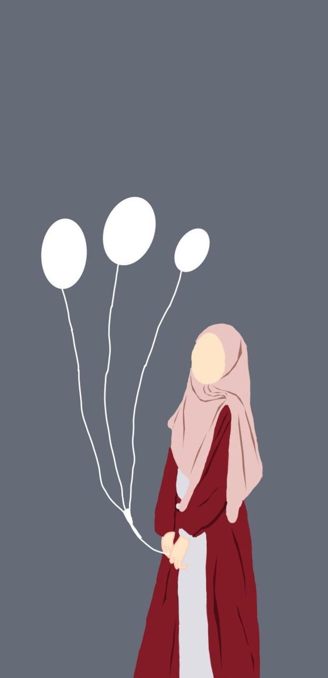 Muslim woman in a maroon abaya holds three white balloons against a solid gray background in a minimalist style.