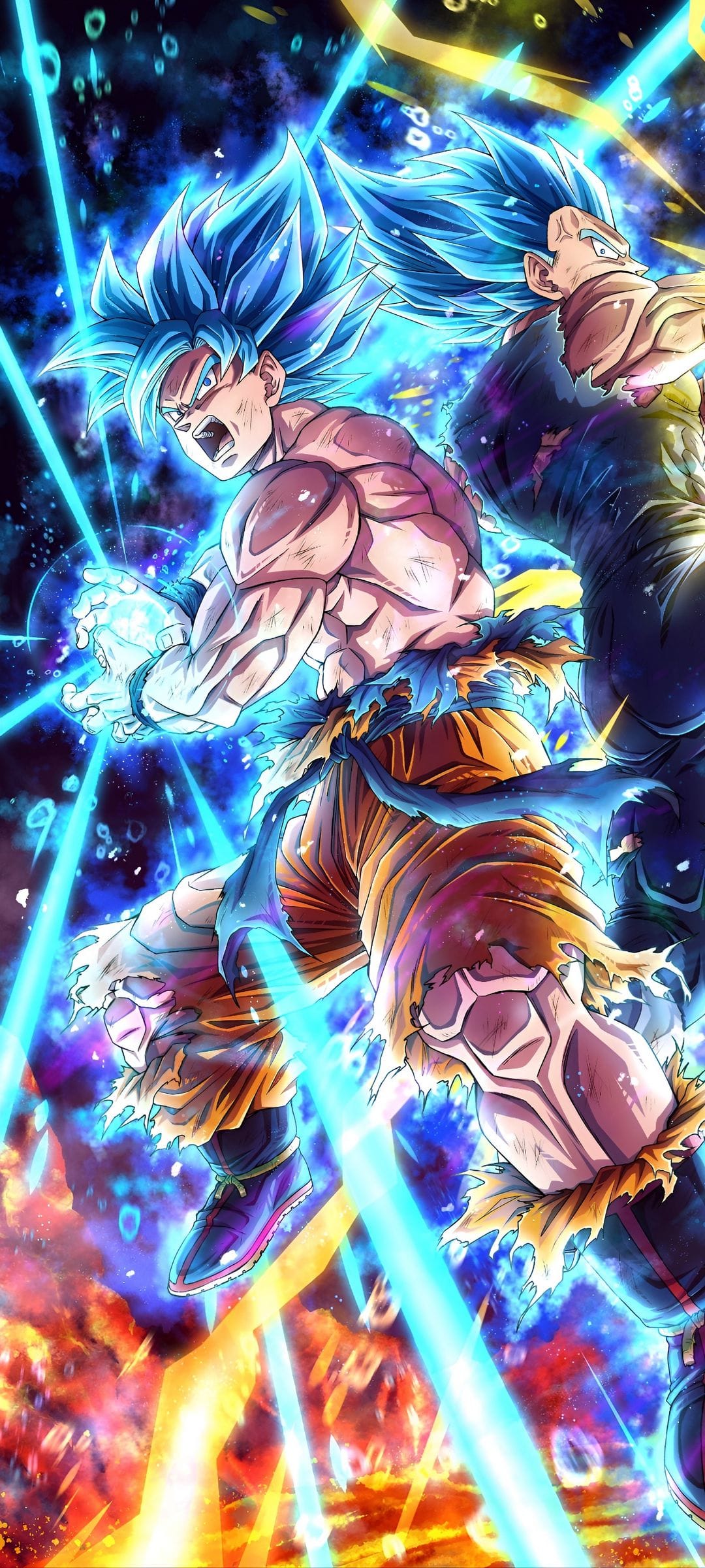 Goku and Vegeta pulse with sapphire energy, their muscles tensed and fighting gear torn during a fierce battle.