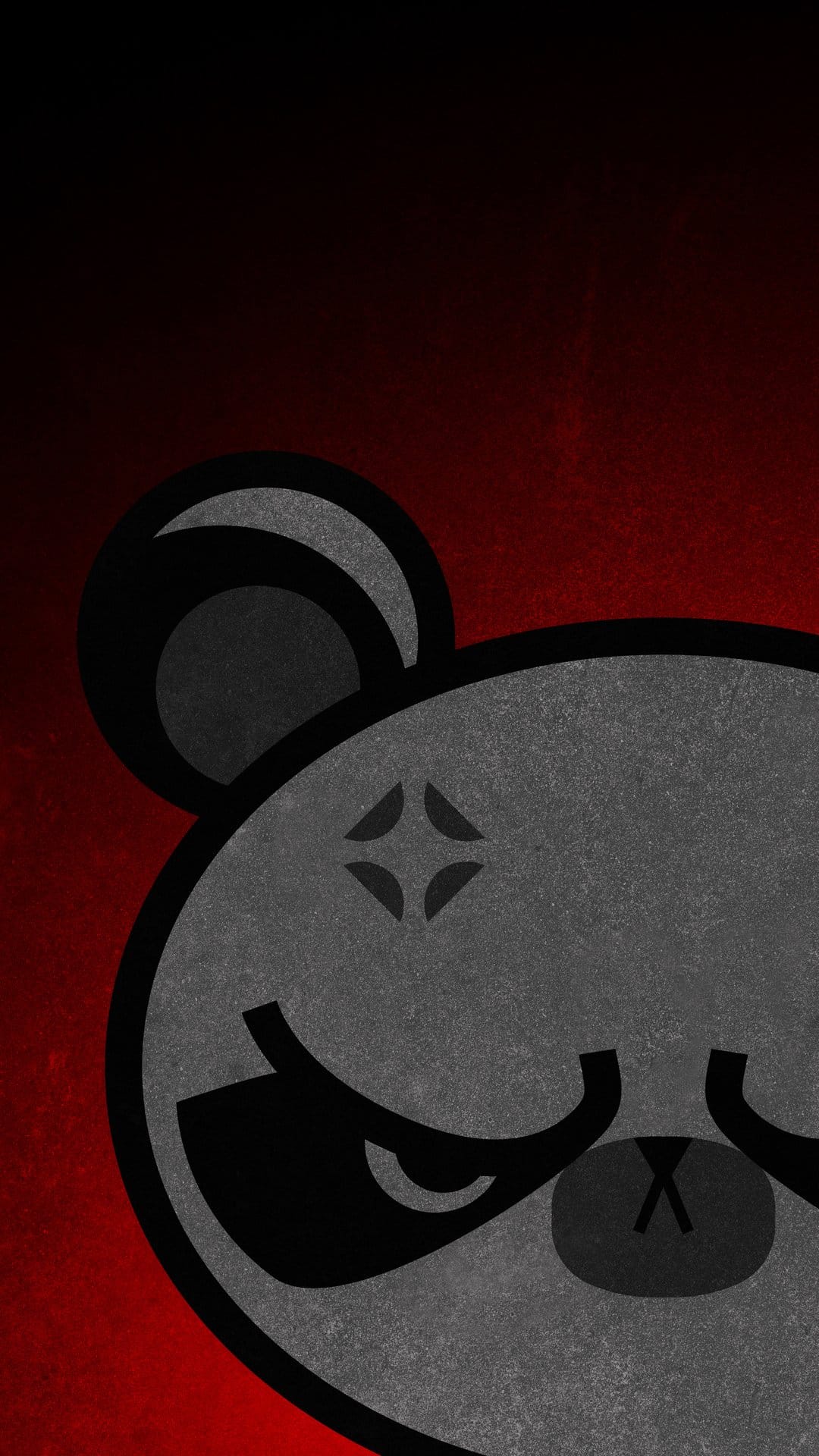 Grumpy panda face with narrow eyes and black outlines over a textured red and dark crimson gradient background.