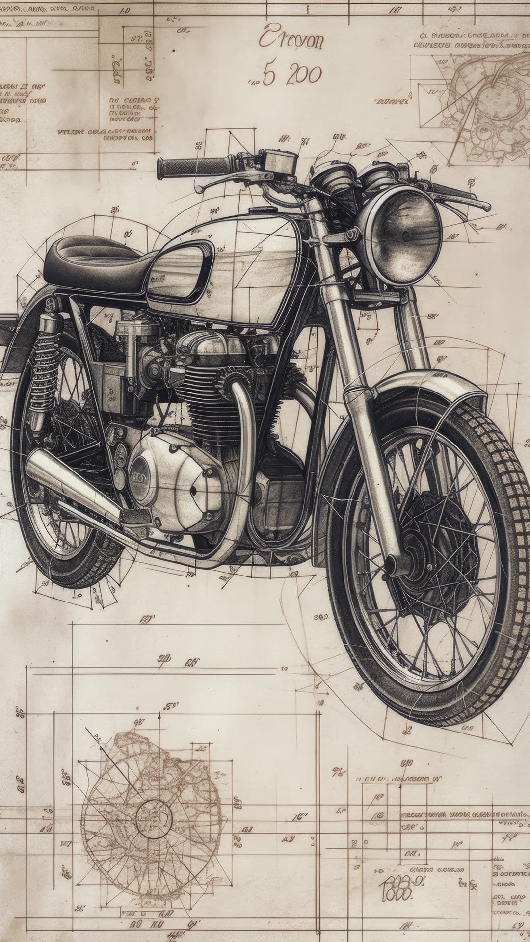 BSA C15 cafe racer motorcycle blueprint featuring technical annotations and engine details on aged sepia paper.