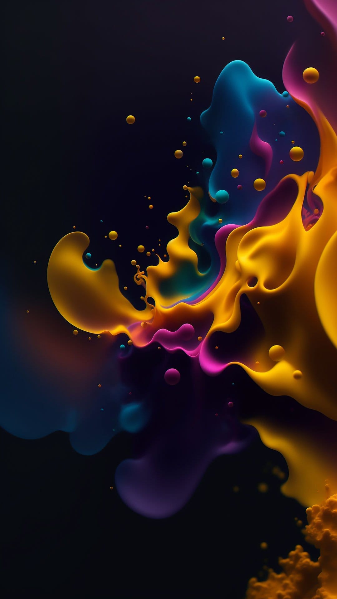 Swirling yellow, pink, and blue liquid splashes with tiny droplets scattered against a deep black background.