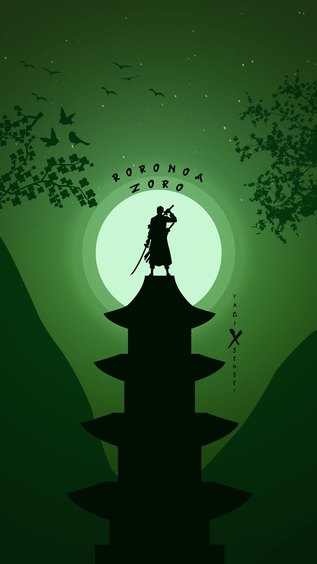 Roronoa Zoro stands on a traditional pagoda roof under a massive moon in a minimalist emerald night scene.