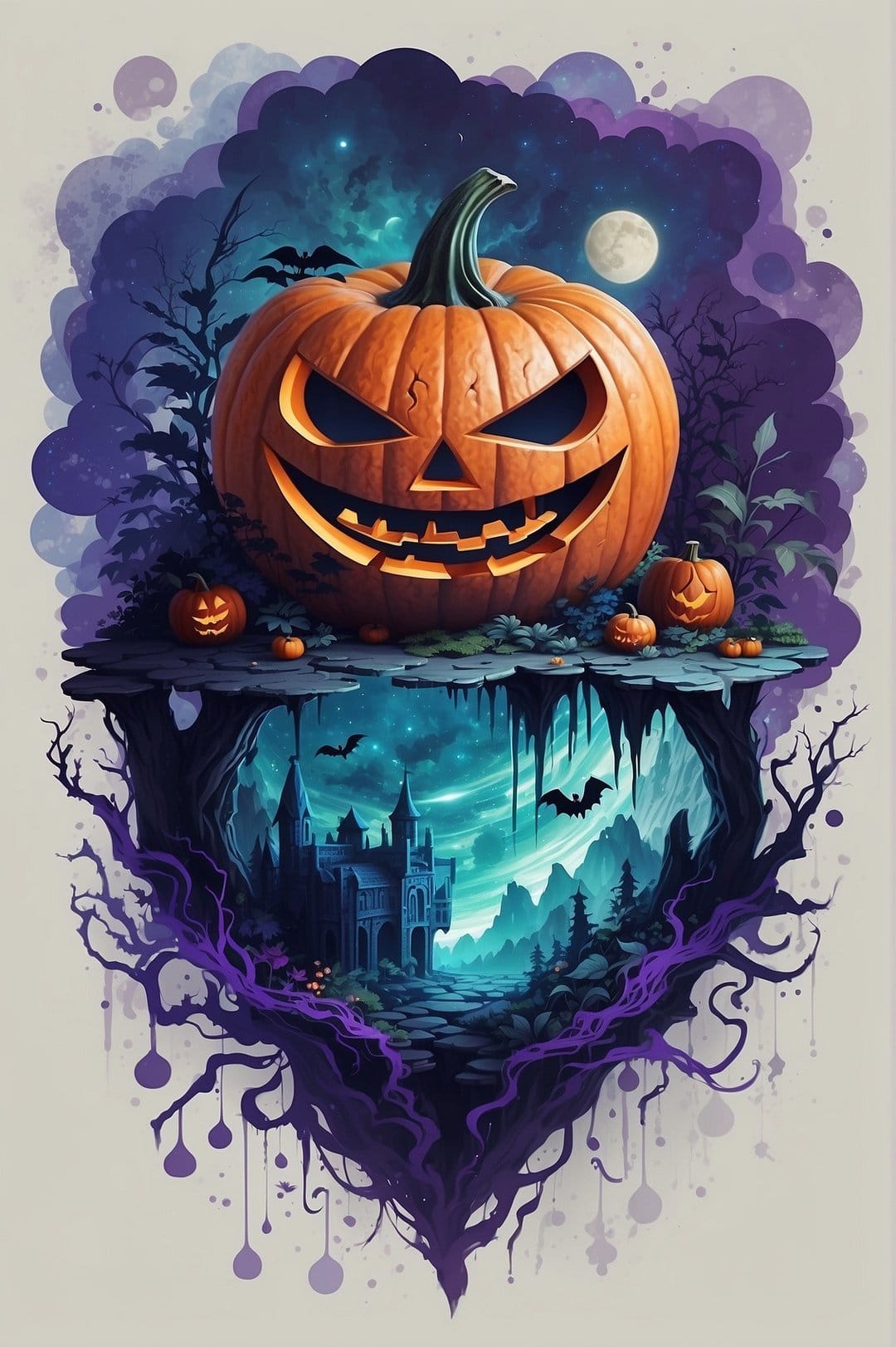 Jack-o'-lantern glowing on a floating island above a misty castle with bats flying in a purple night sky.