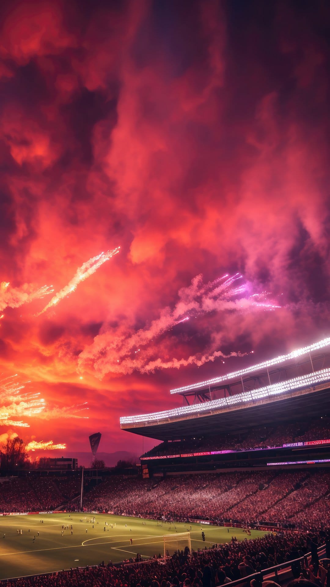 Red fireworks explode above a crowded soccer stadium with bright floodlights and a glowing green playing field.