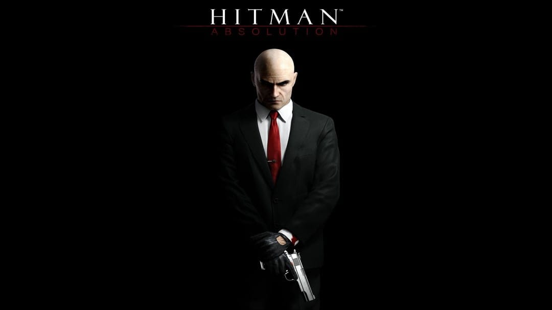 Agent 47 in a tailored black suit and red tie holding a silver pistol against a minimalist dark background.
