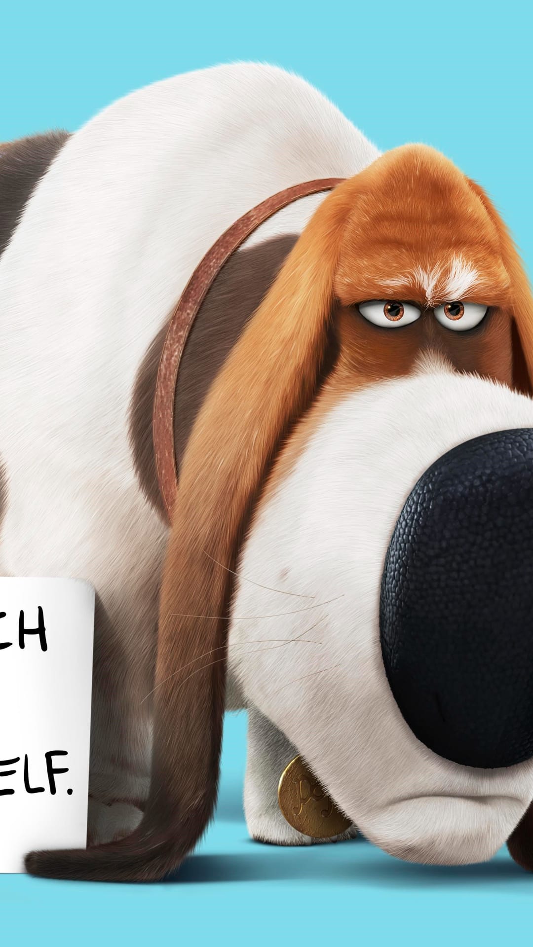 Duke the fluffy brown and white dog from Secret Life of Pets looks grumpy beside a white ceramic coffee mug.