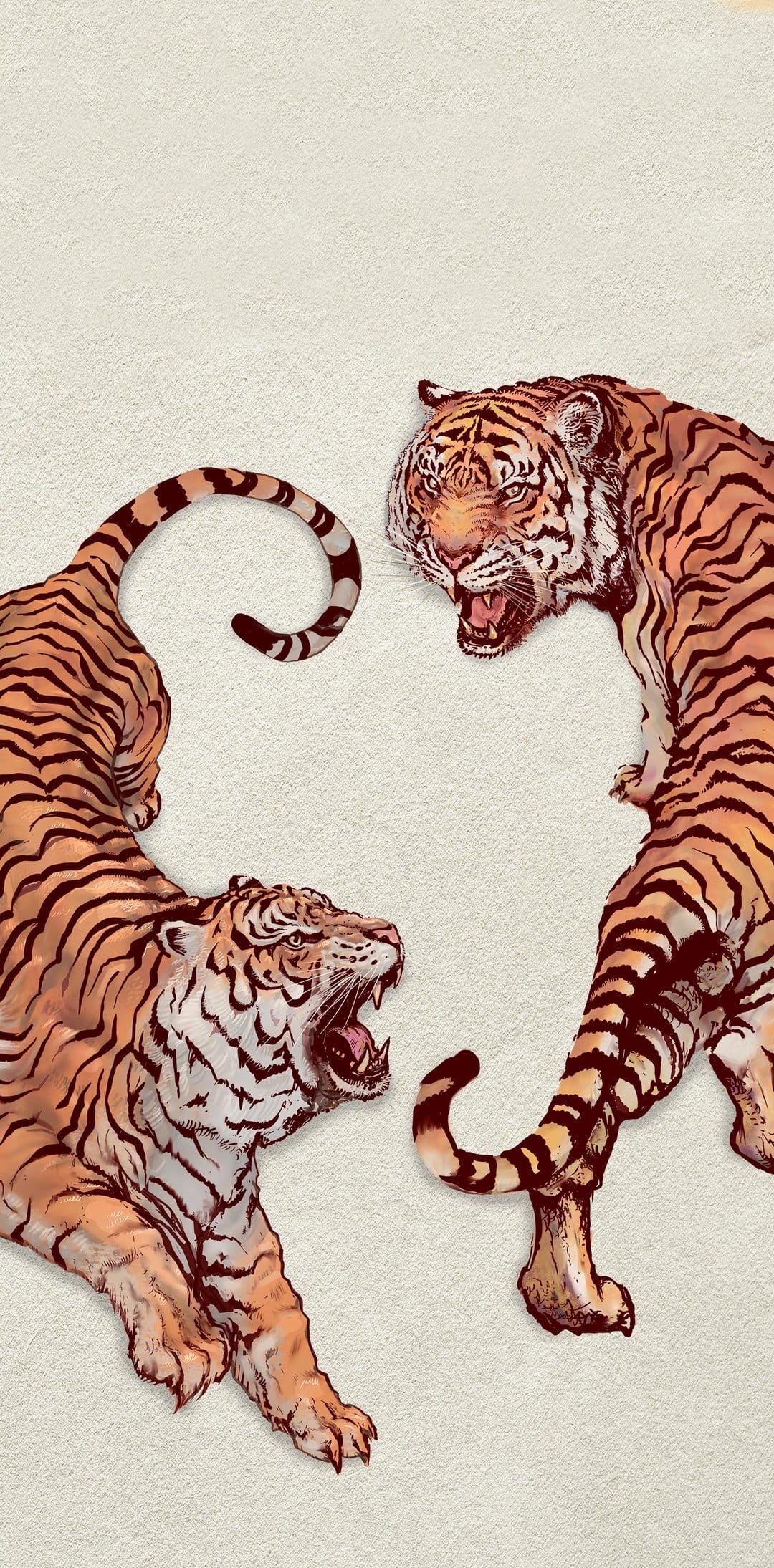 Two tigers engage in a fierce battle with bared teeth and striped fur against a light textured background.