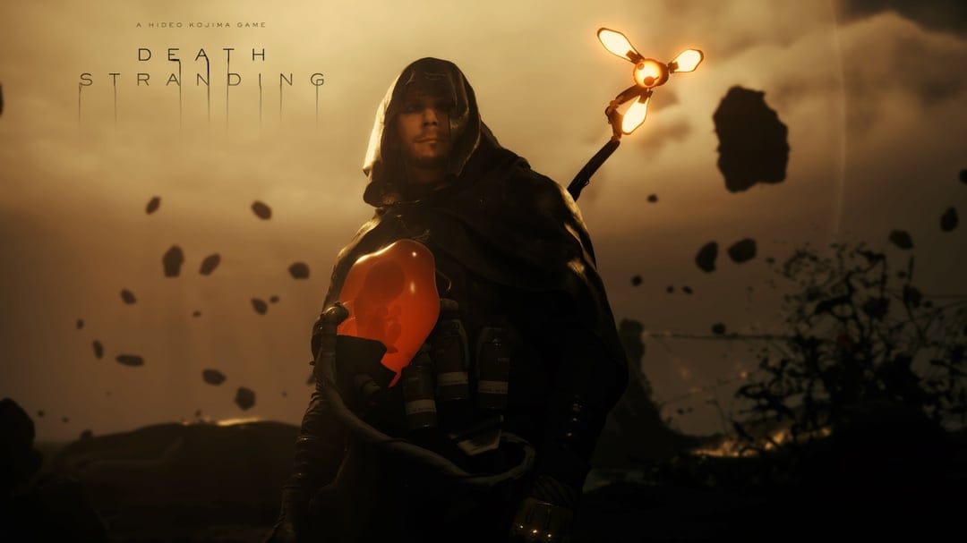 Higgs Monaghan in a black cloak holding a glowing orange BB pod against a backdrop of floating rocks.