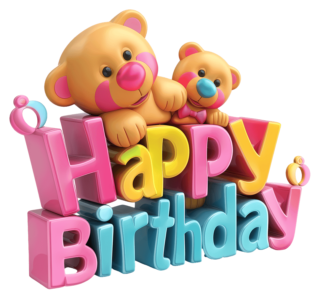 Two brown teddy bears holding a colorful Happy Birthday sign on a transparent background with realistic fur.