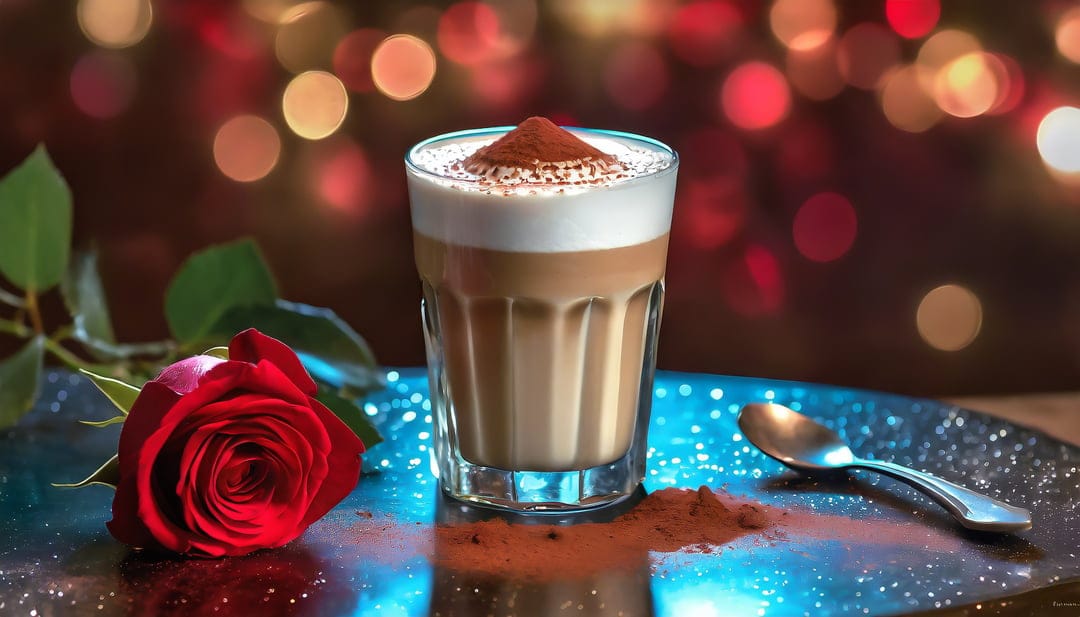 Red rose and layered latte coffee on a dark textured surface with warm golden bokeh lights in the background.
