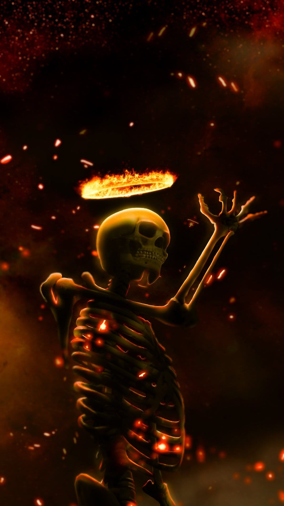 Skeleton with a burning halo and glowing rib cage reaches forward against a dark cosmic background of embers.