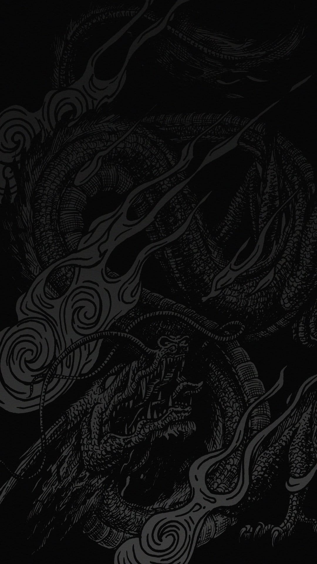Black dragon with detailed scales and sharp teeth surrounded by swirling grey smoke and curved ink lines.