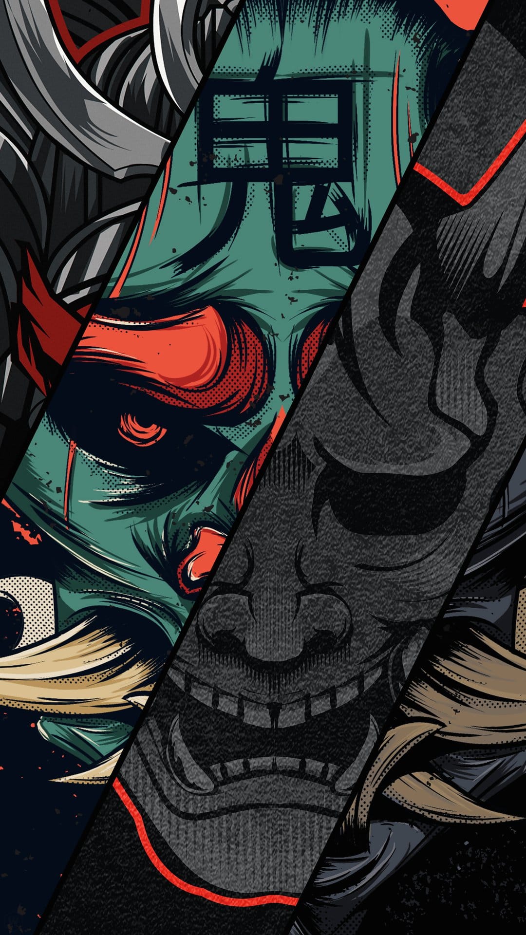 Oni demon masks with fierce expressions and sharp fangs are arranged in a dense, stylized artistic collage.