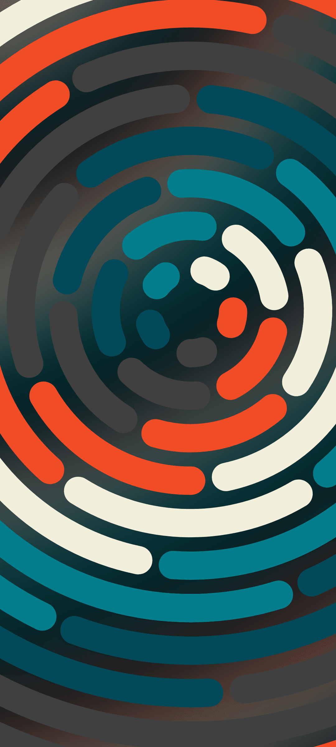 Concentric orange and teal circular segments overlap against a dark textured surface in a vertical arrangement.
