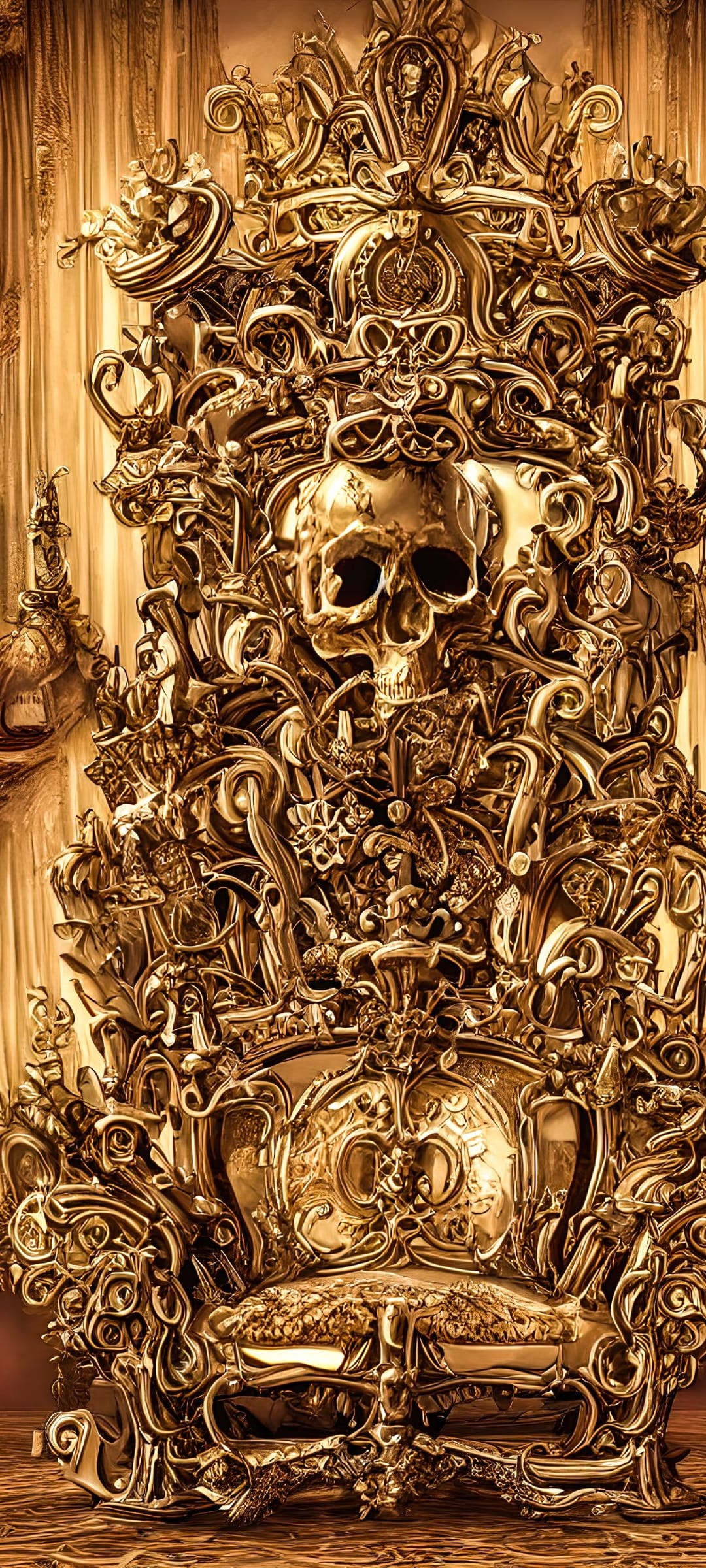 Golden skull throne with baroque scrollwork and floral carvings shines with a metallic sheen in high contrast.