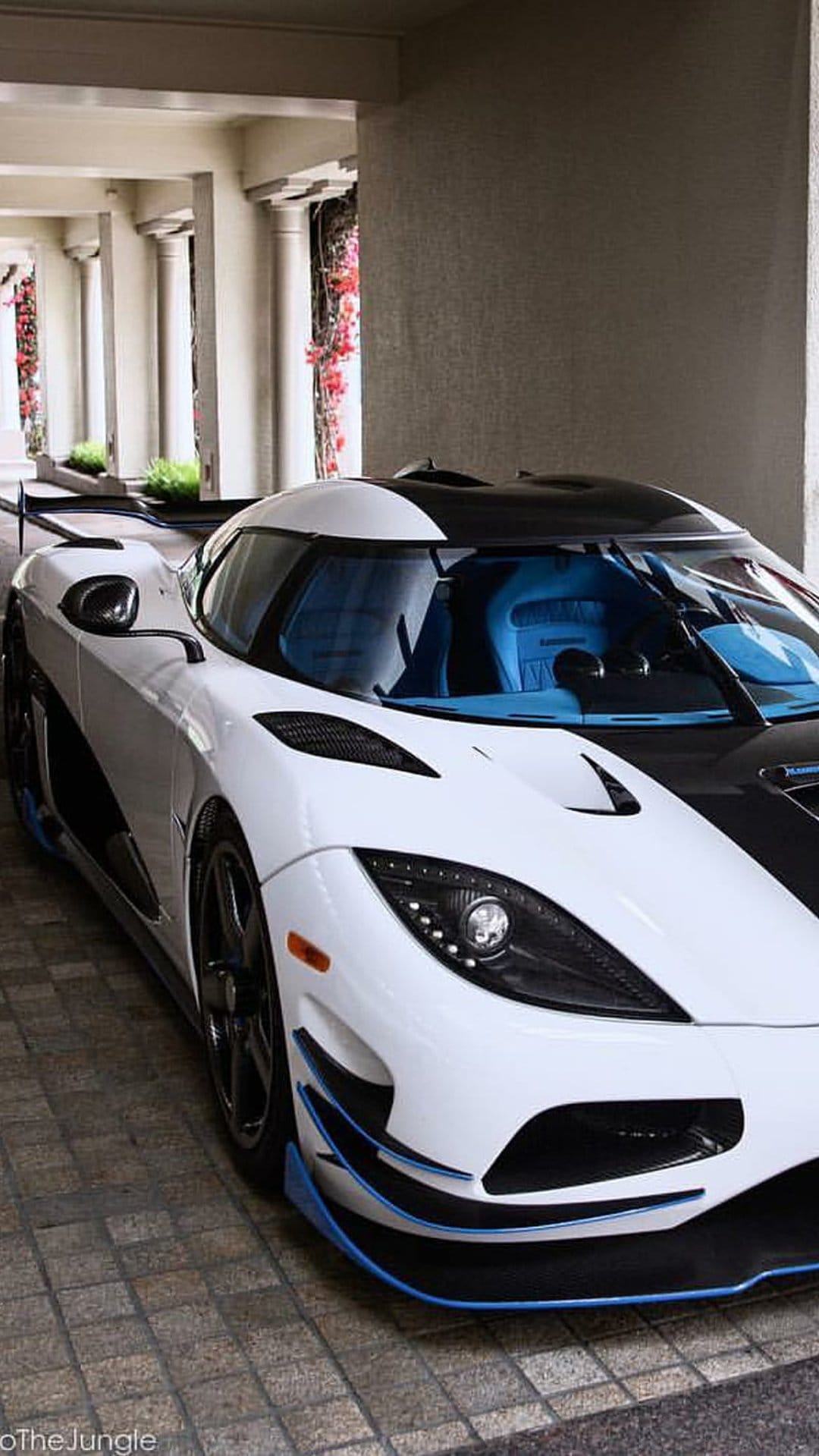 White and black Koenigsegg supercar with blue seats parked on bricks under a stone archway with green plants.