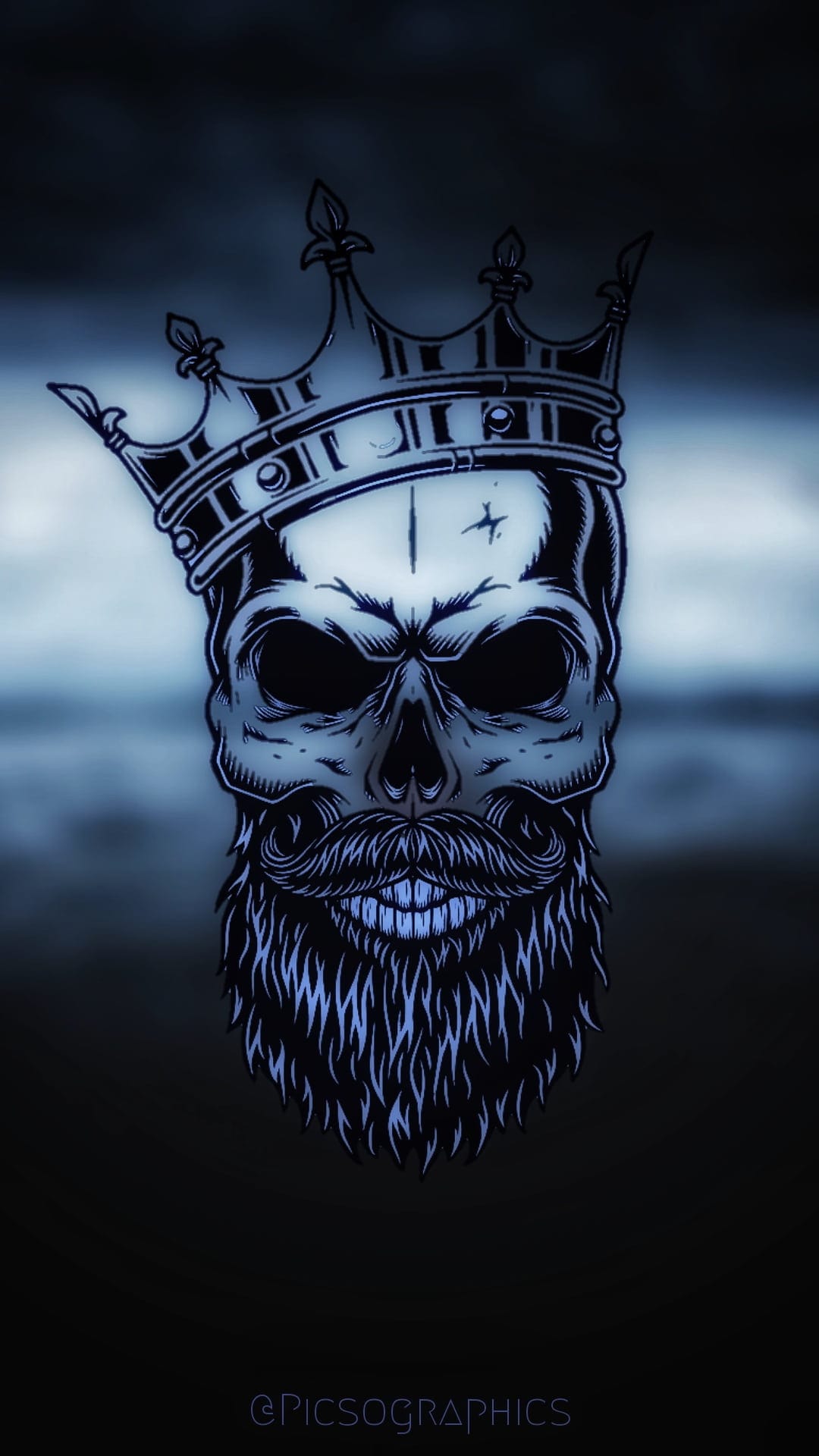 Bearded human skull wearing a gold royal crown against a dark blue and gray blurred sky in a vertical portrait.