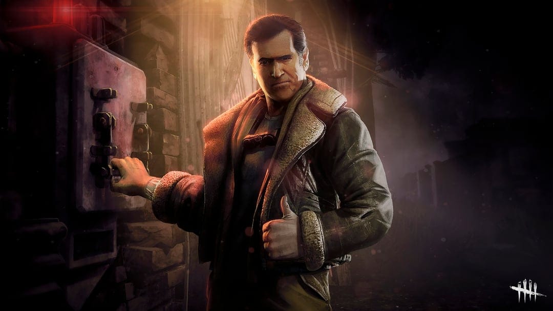 Ash Williams in a leather jacket gives a thumbs up while pulling an exit gate lever in a dark, misty environment.