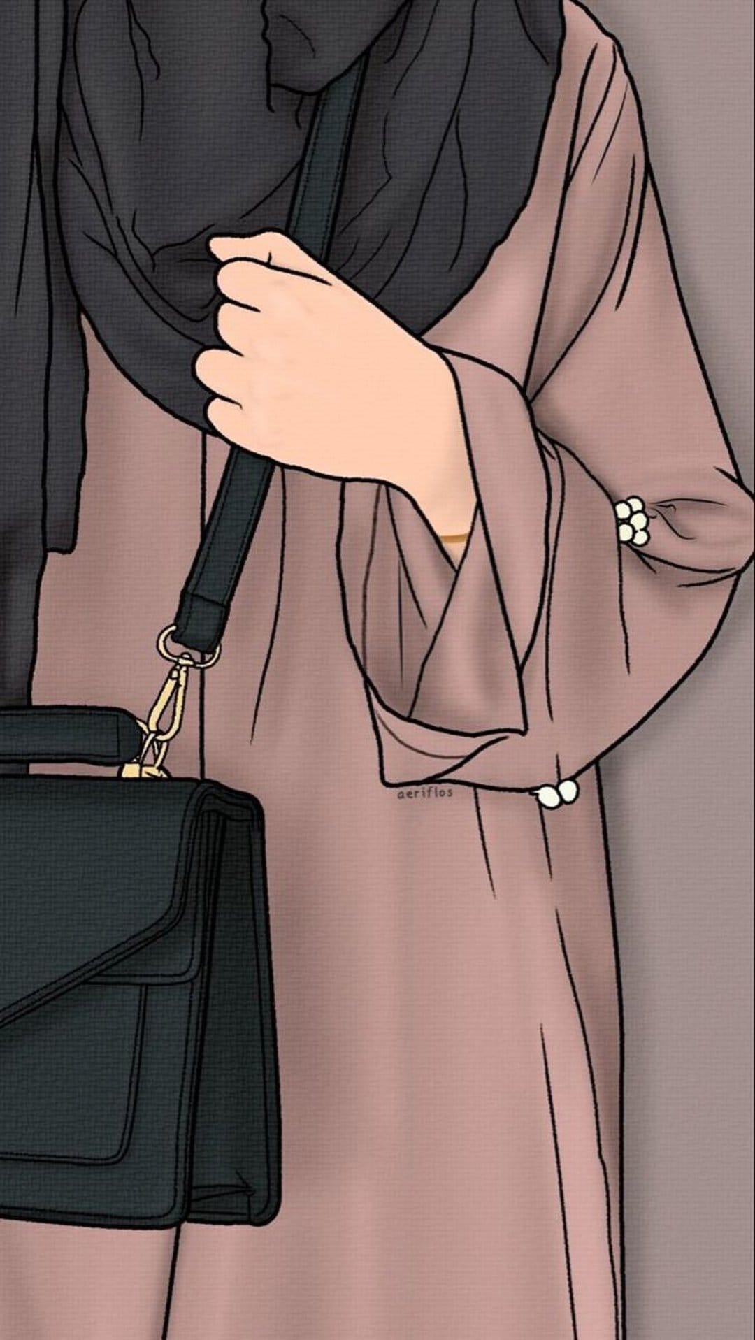 Muslim woman in a light pink abaya with pearl sleeves holds a black handbag with a gold clasp in a close-up view.