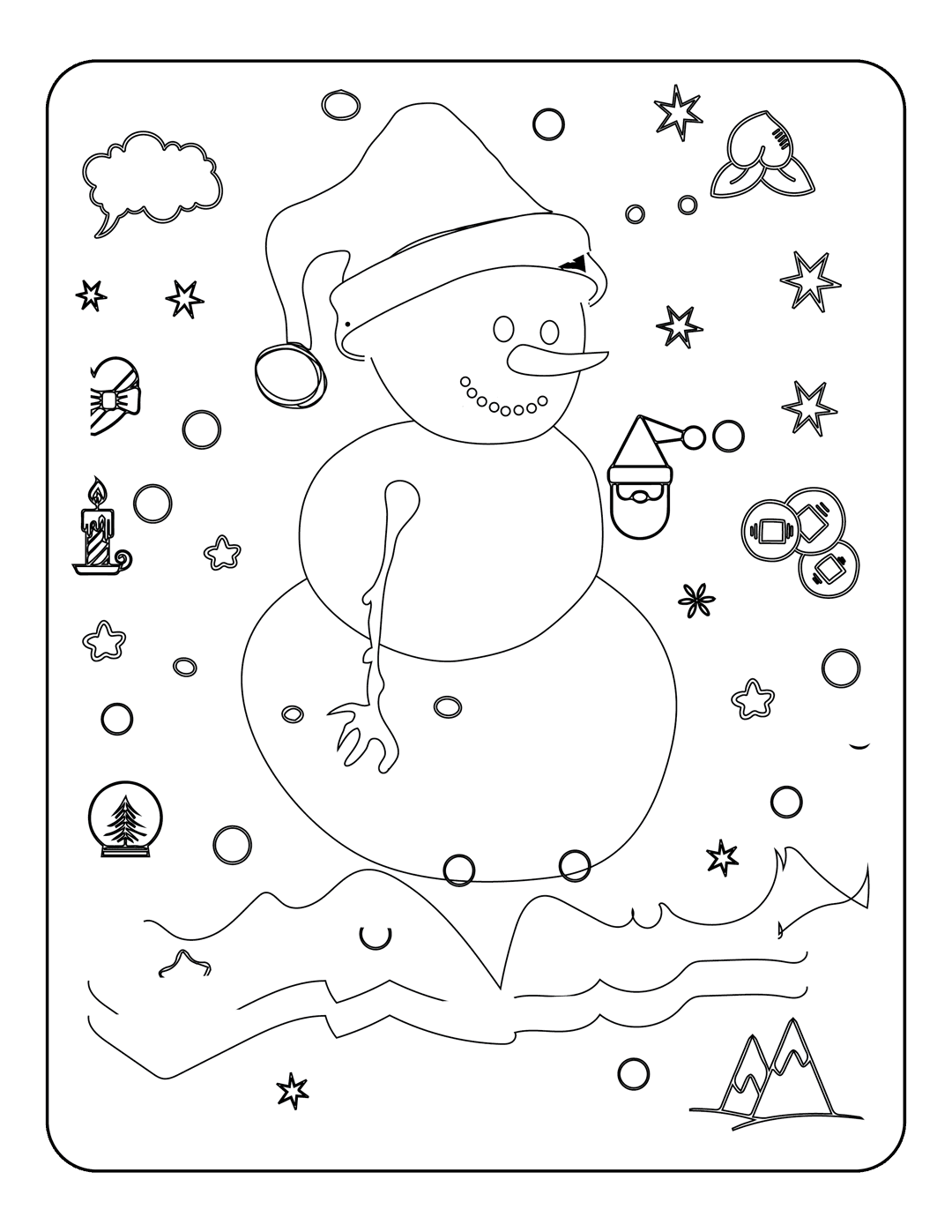 Christmas snowman coloring page with Santa hat surrounded by stars candle snow globe and coins in line art style.