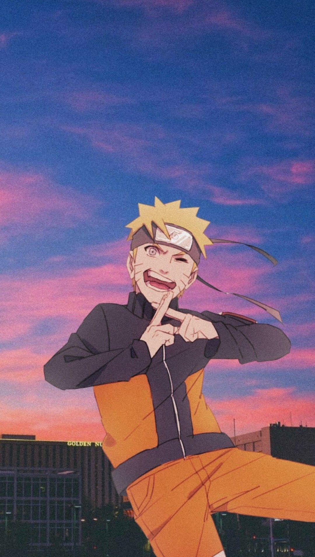 Naruto Uzumaki performs a ninja hand sign against a glowing city sunset with a building featuring a golden letter N.
