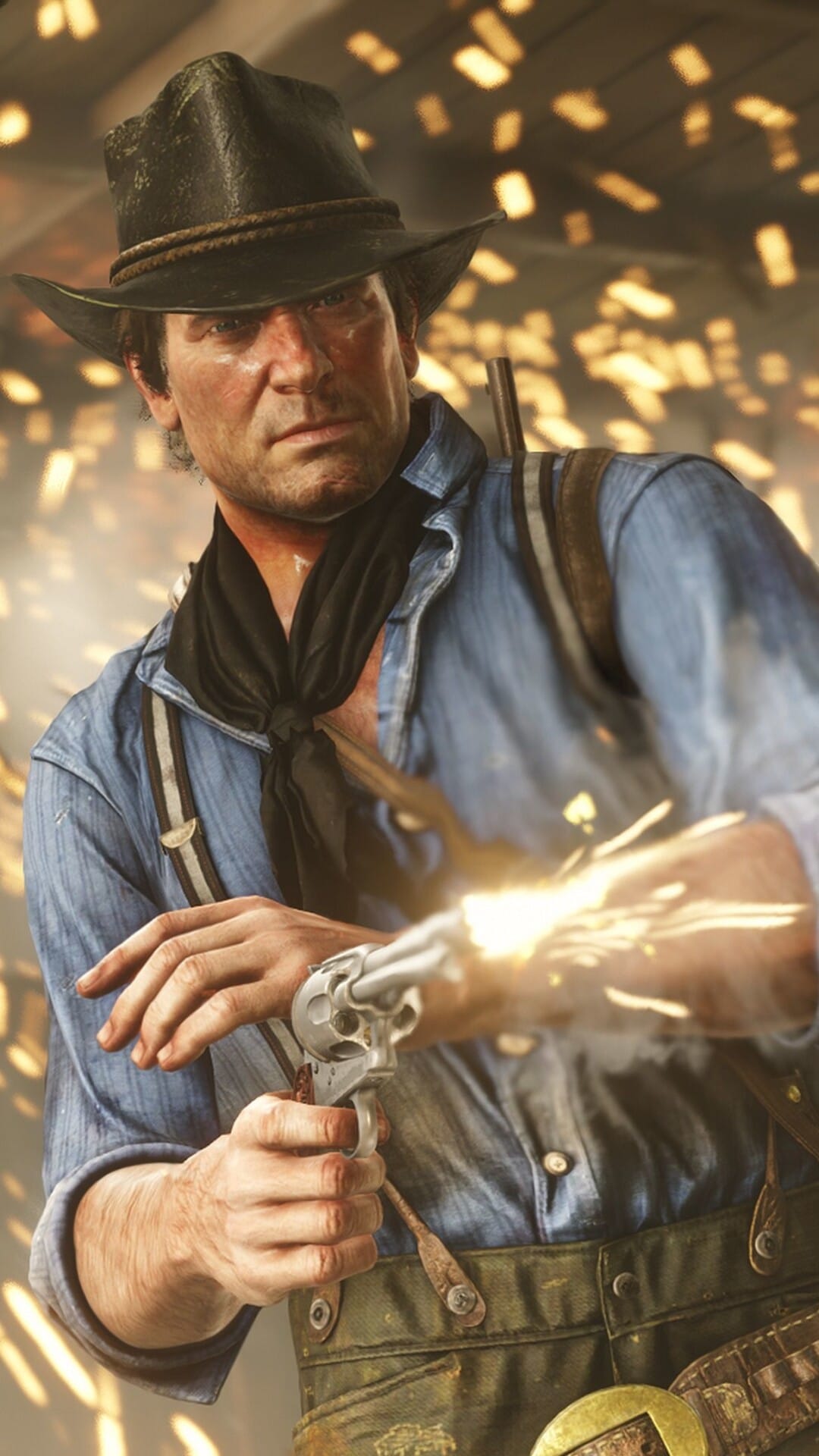 Arthur Morgan fanning a silver revolver with bright sparks and smoke against a blurred background.
