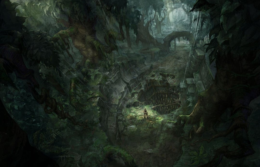 Adventurer stands in rain-soaked jungle ruins near a spike trap with shafts of light piercing the dark canopy.