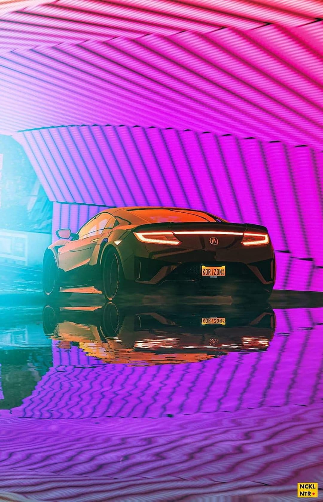 Black Acura NSX sports car with glowing red taillights driving through a purple and pink neon tunnel at night.
