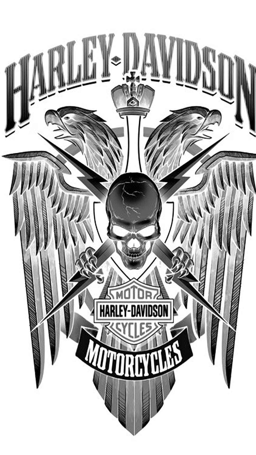 Skull with glowing eyes and feathered wings framed by lightning bolts above a motorcycle logo on a black backdrop.
