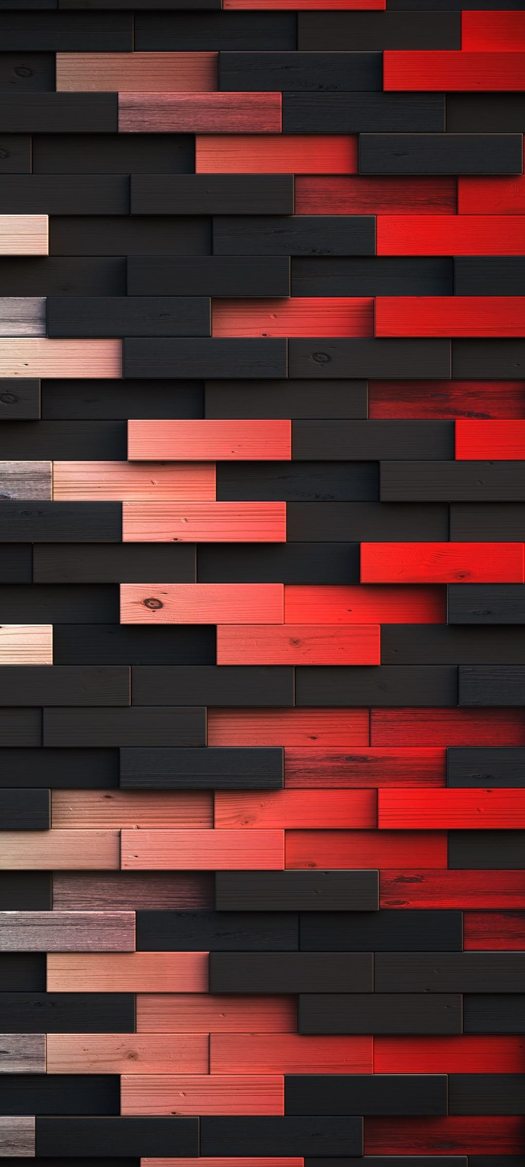 Staggered vertical wooden planks in alternating crimson red and matte black shades showing natural grain textures.