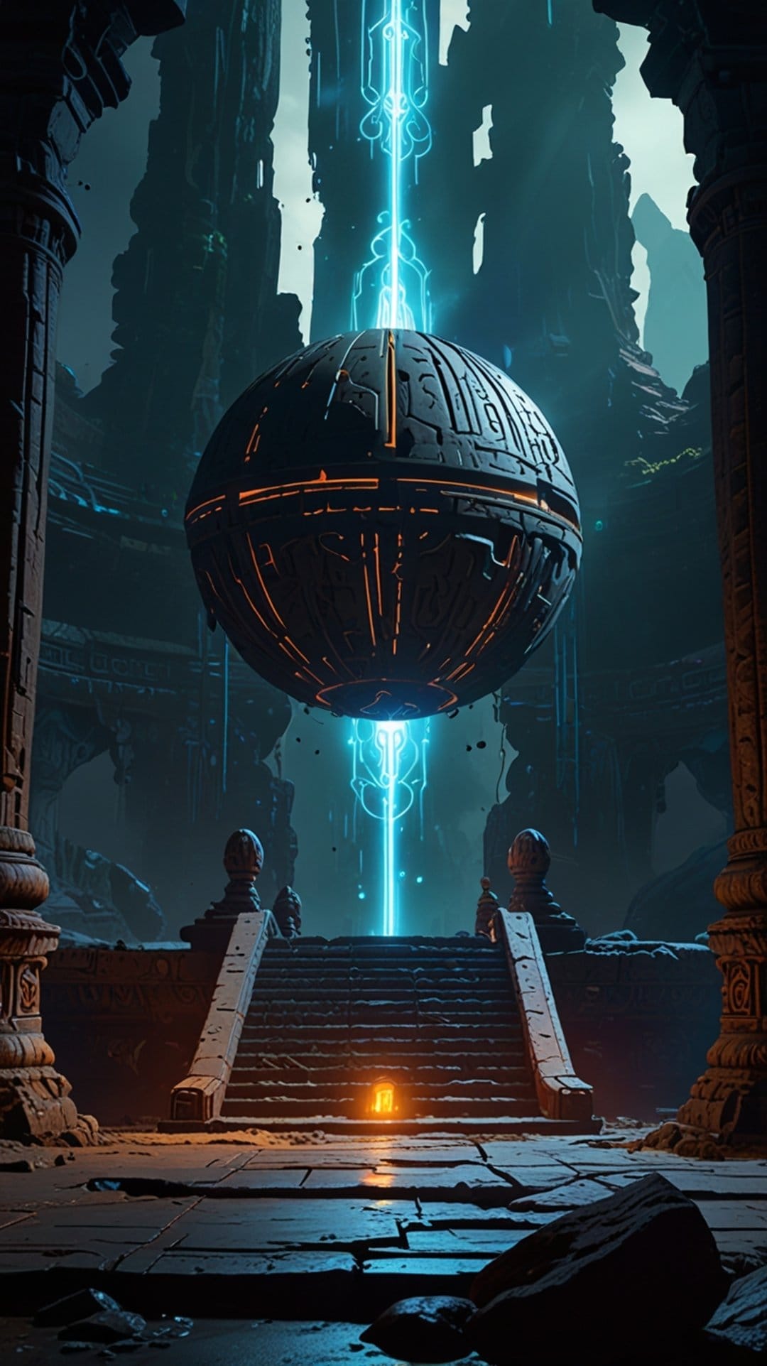 Glowing mechanical sphere levitates above a blue energy beam between ancient stone pillars and dark stairs.