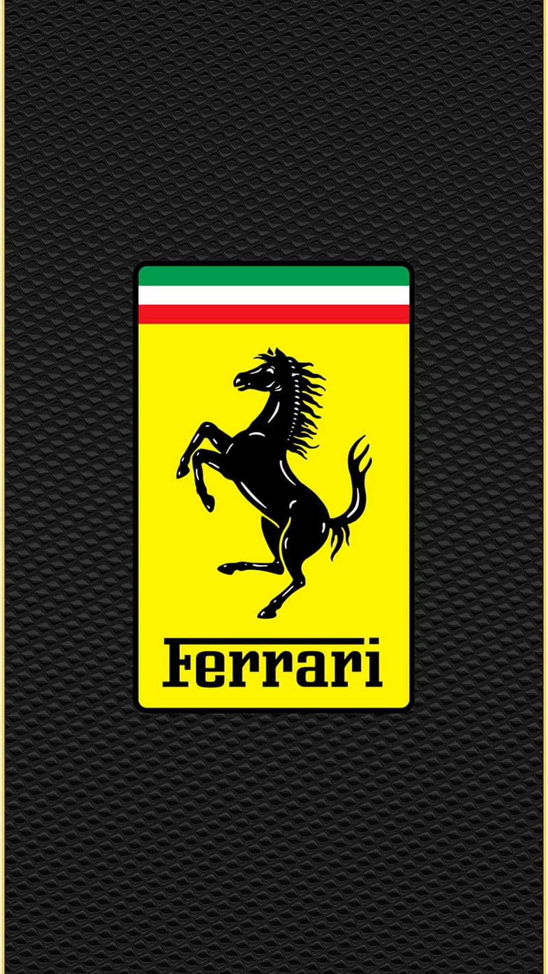 Black prancing horse on a yellow Ferrari shield with Italian flag stripes over a dark textured background.
