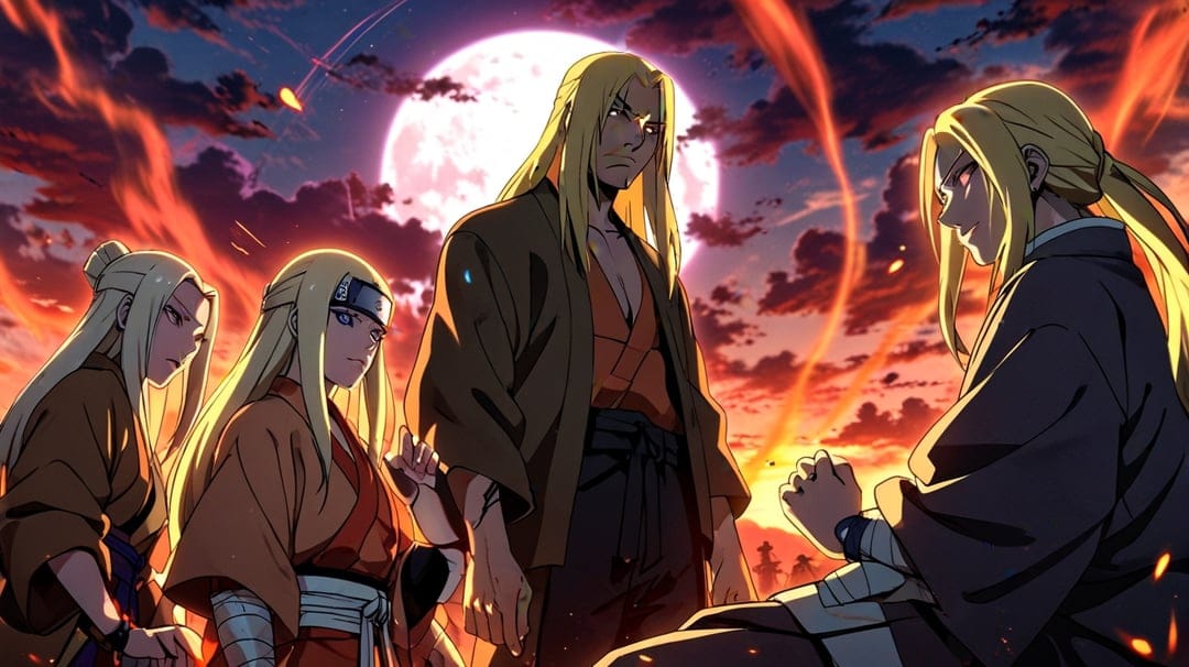 Golden haired warriors in traditional attire stand before a massive moon and burning orange clouds at night.