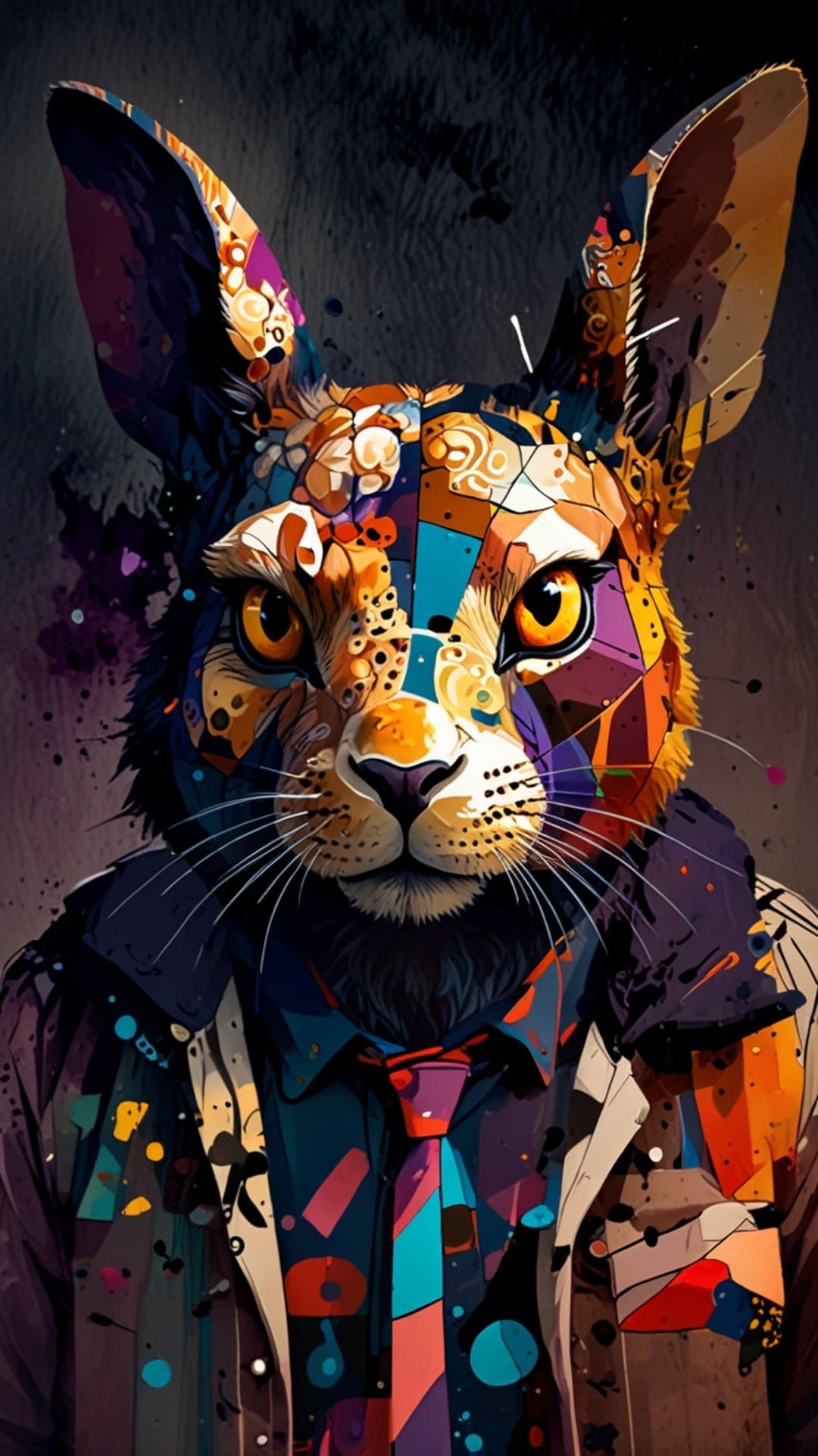 Cat wearing a multicolored geometric suit and necktie with sharp facial features and intense yellow eyes.