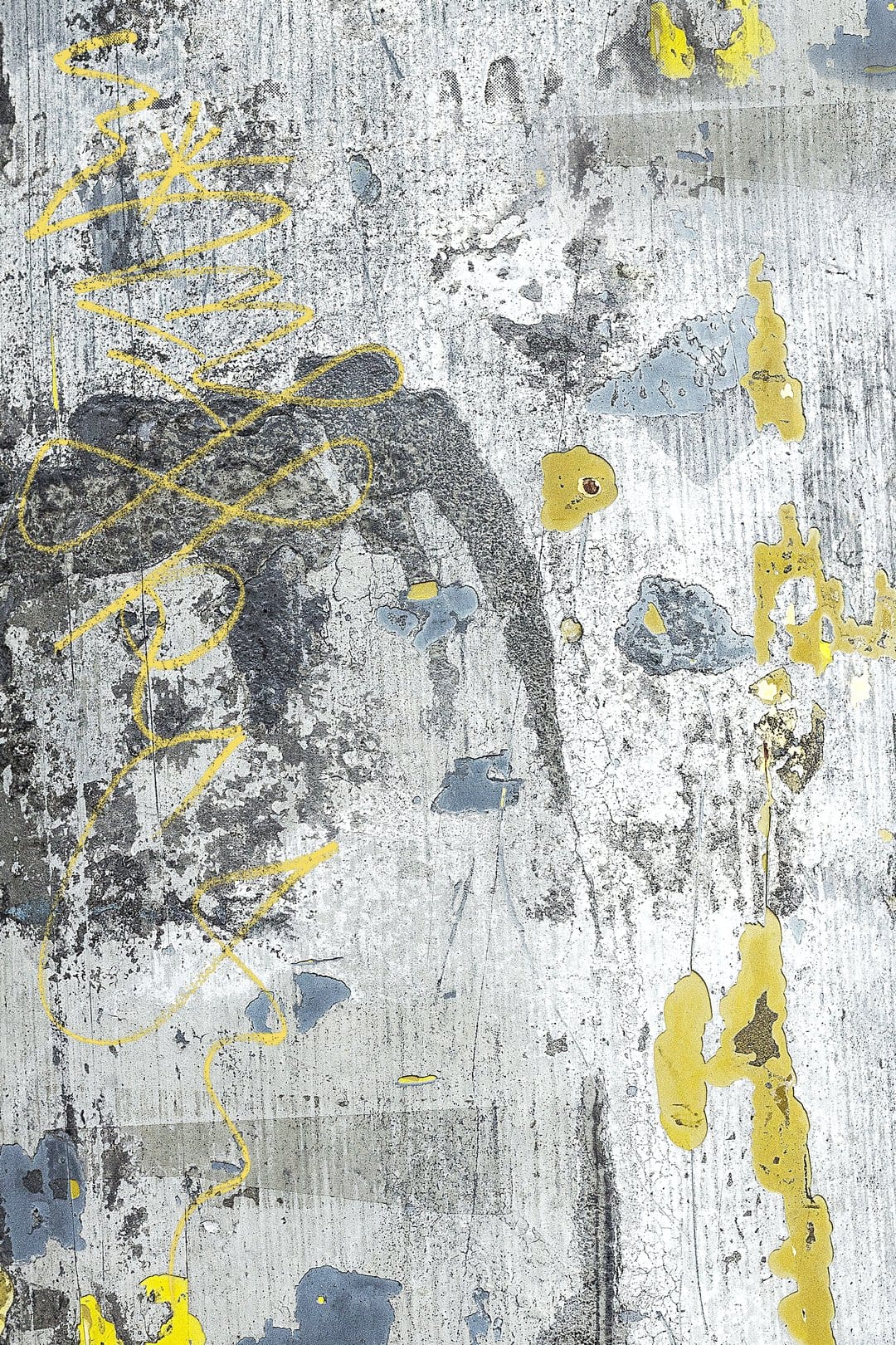 Weathered grey metal surface with peeling paint and bright yellow splatters creates a gritty industrial texture.