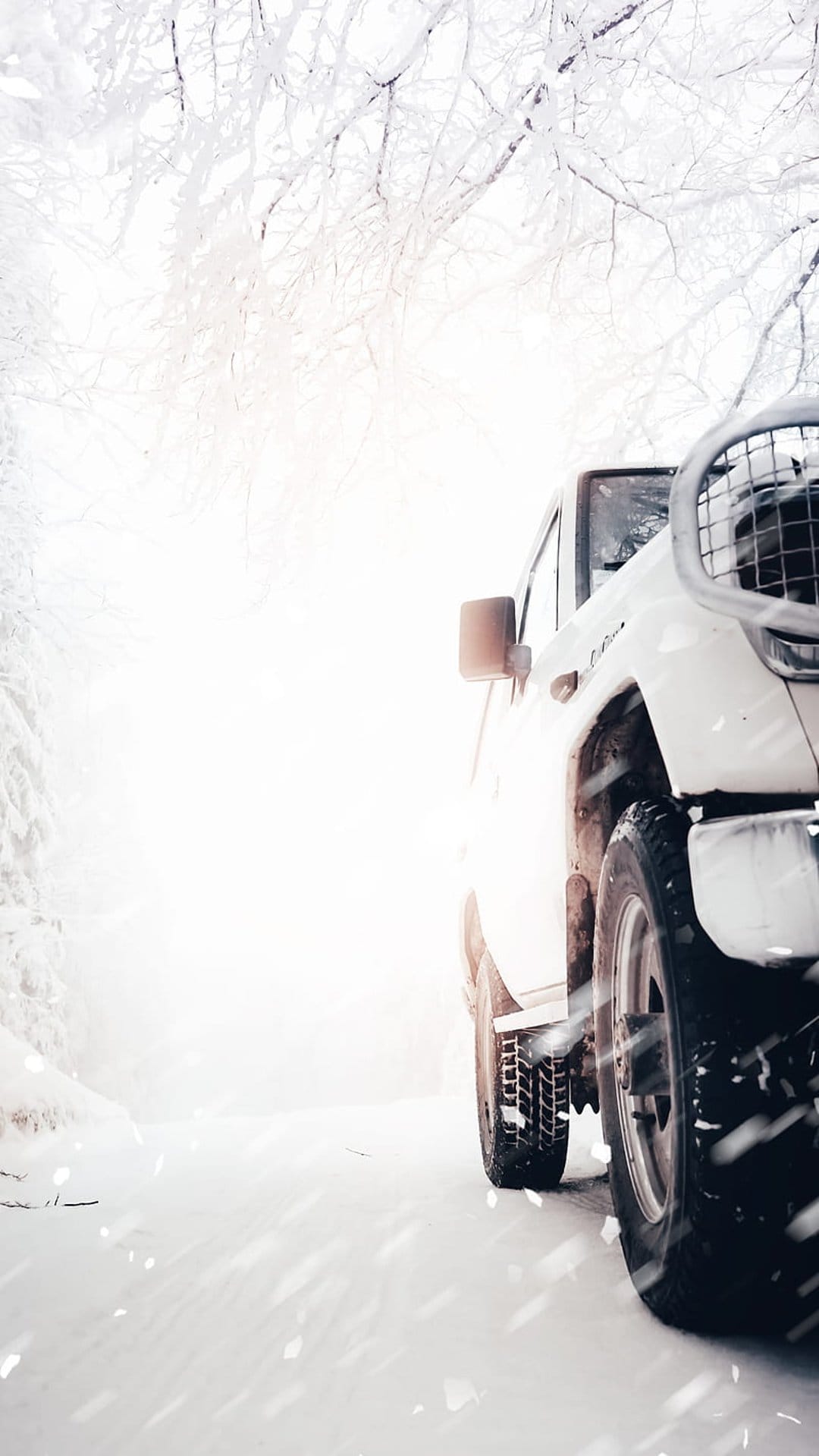 White SUV drives through a dense snowy forest where frost-covered branches hang over a narrow winter road.