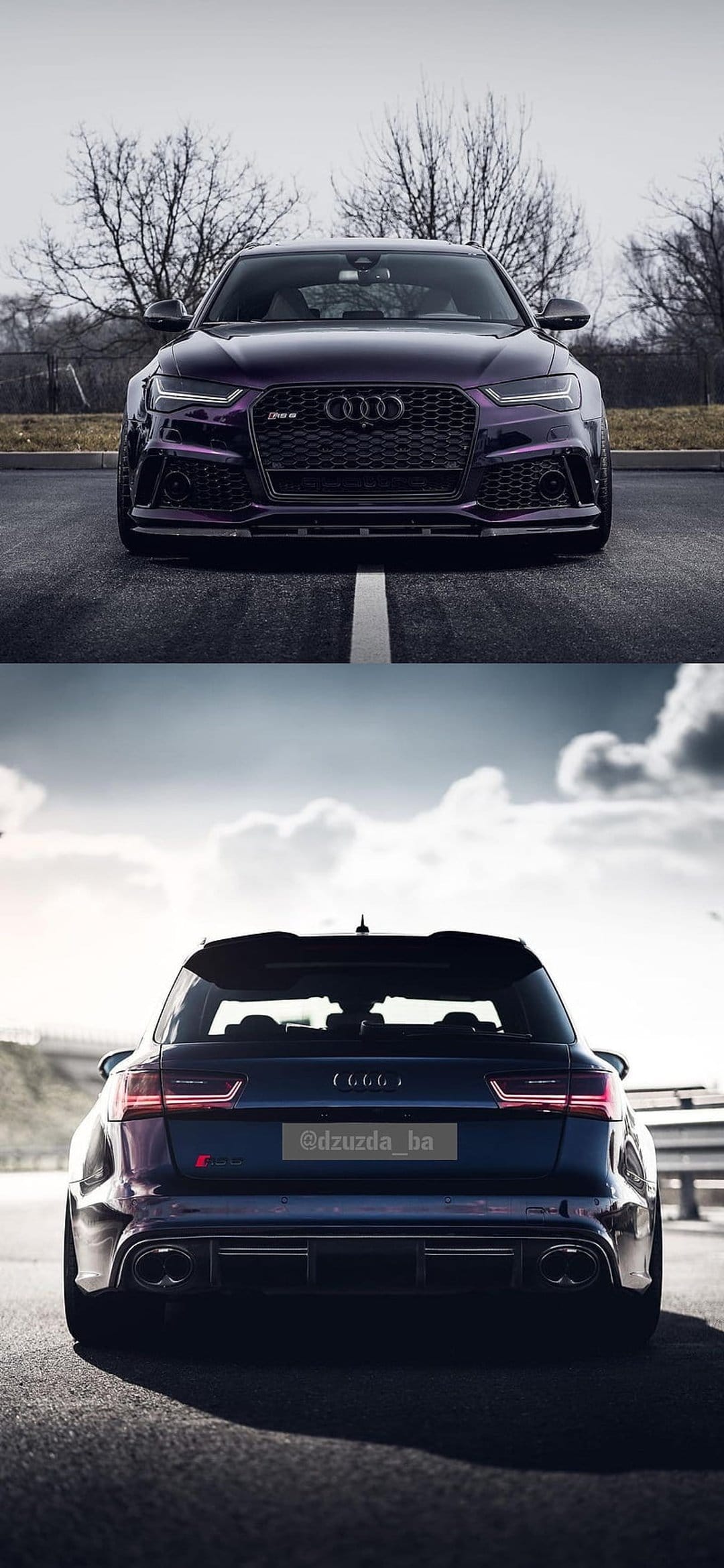 Audi RS6 Avant in metallic purple featuring a front honeycomb grille and rear dual exhaust split composition.