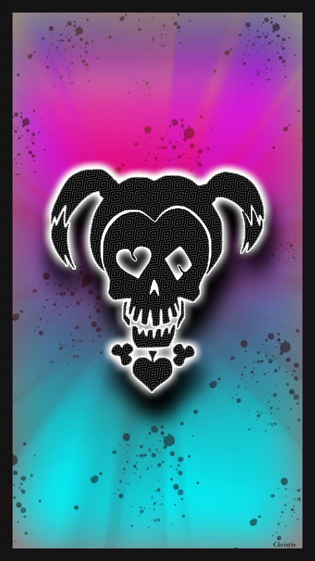 Harley Quinn skull featuring heart eyes and diamond patterns against a vibrant pink and teal splatter background.