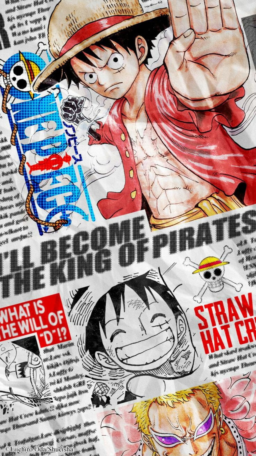 Monkey D. Luffy and Doflamingo stand amidst manga panels and a skull emblem in a vertical collage arrangement.