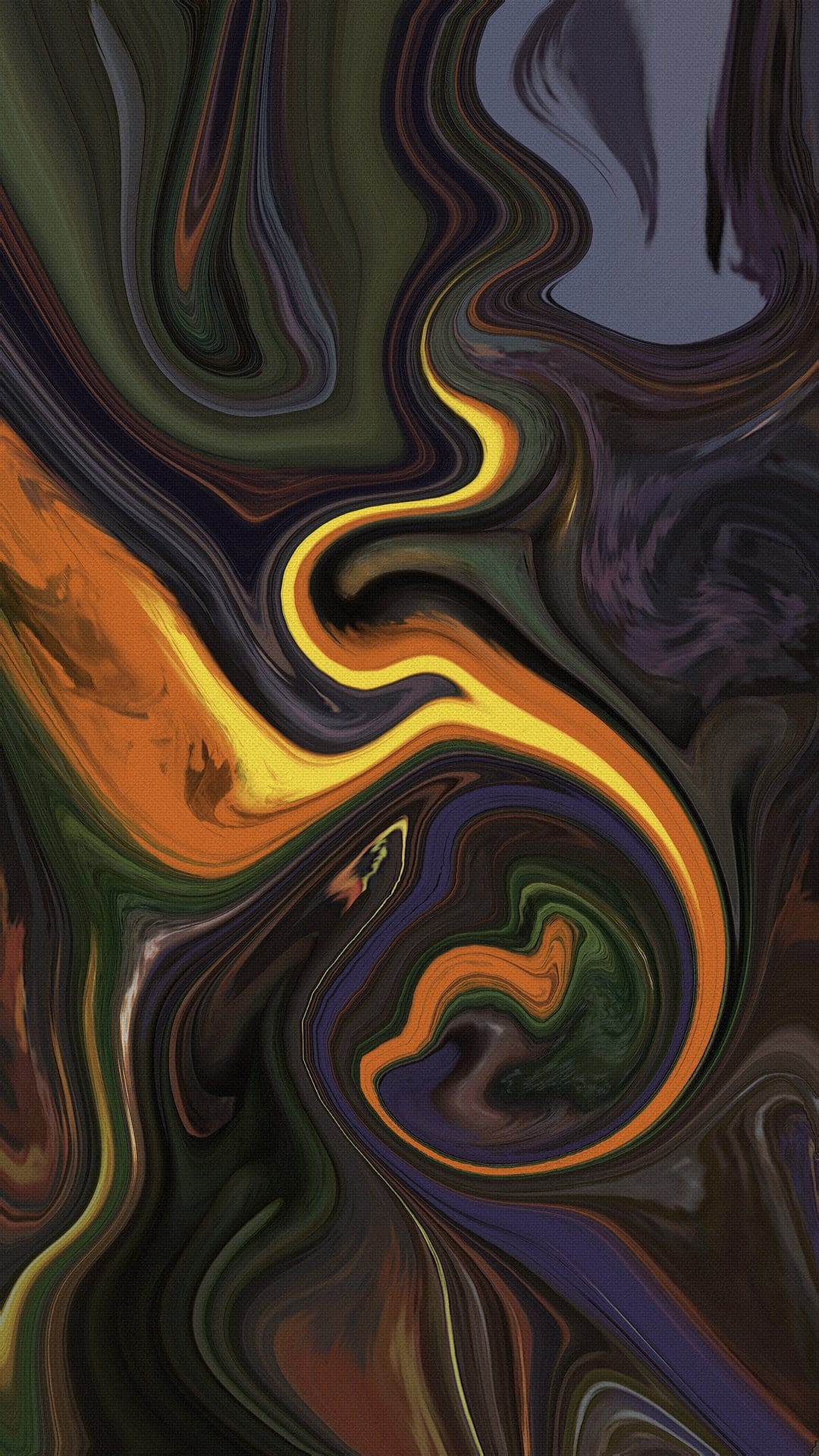 Swirling orange and yellow fluid patterns interweave with deep green and purple marbled organic textures.