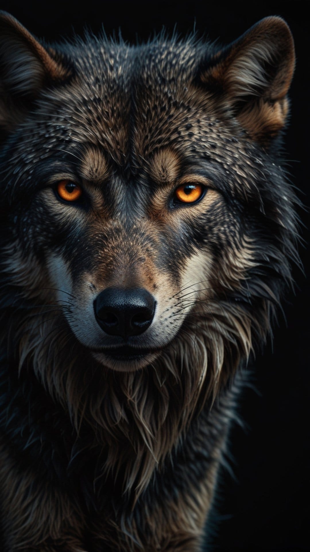 Wolf with glowing orange eyes and detailed grey fur stares forward against a black background in vertical view.