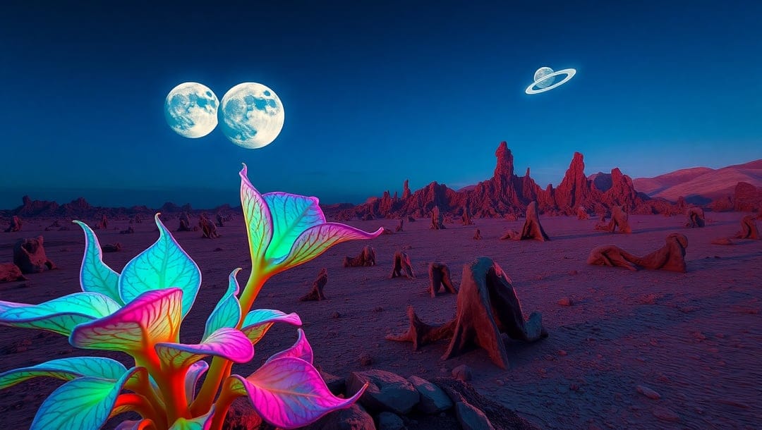 Glowing neon alien plant beneath two moons and a ringed UFO on a rocky purple planet during a dark twilight.