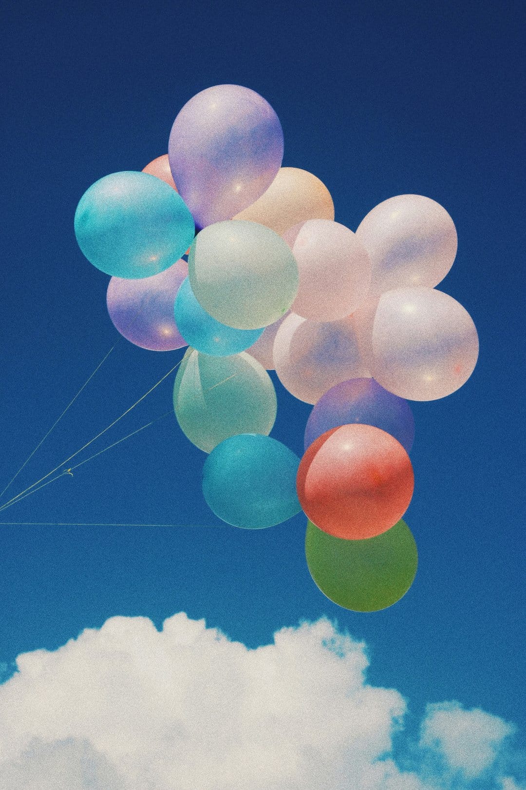 Pastel balloons drift above a white cloud in a bright blue sky, serving as a vertical mobile background.