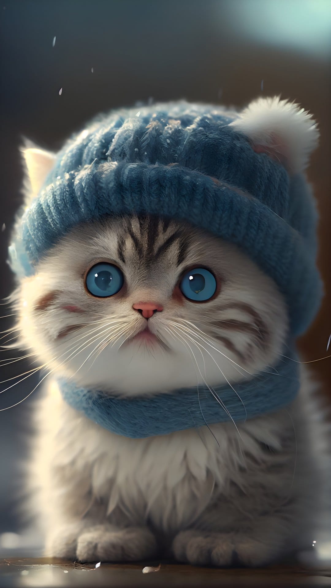 Grey and white kitten wearing a blue knit hat and scarf looking up as snowflakes fall in a winter scene.