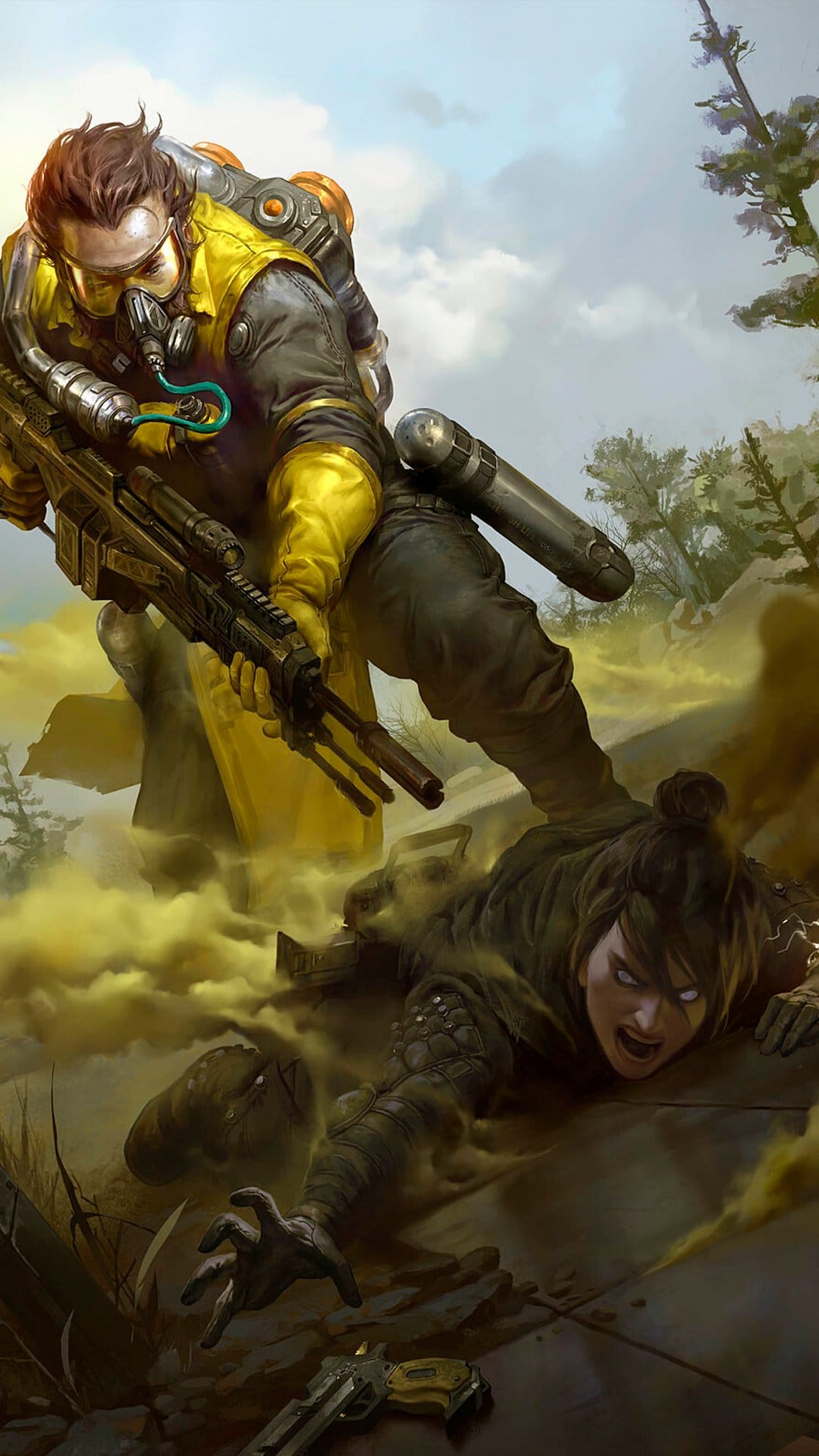 Caustic in a yellow hazard suit stands over a crawling Wraith amidst swirling thick yellow toxic gas clouds.