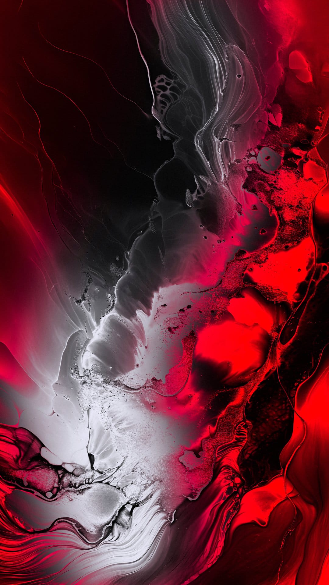 Swirling red and black ink patterns intertwine in a fluid, high-contrast marble texture with organic curves.