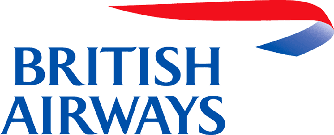 British Airways logo featuring navy blue text and a red and blue speedbird ribbon symbol on a clear background.